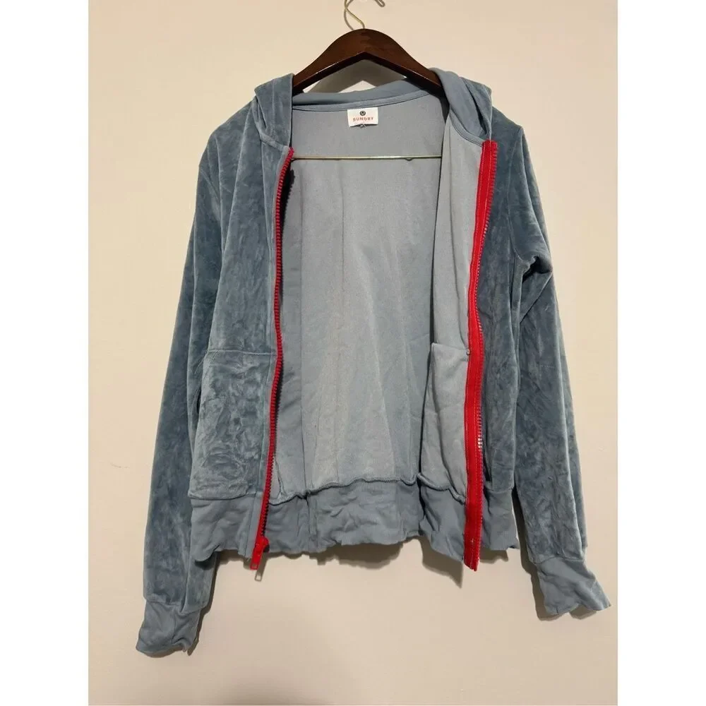 Sundry Zip Up Hoodie Velour Light Blue W/ Red Zipper Size 1 Small